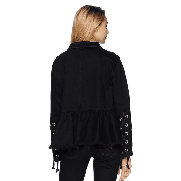 Free People Black Denim Peplum Jacket S Lace-Up Sleeve Boho Festival Grunge y2K - Picture 4 of 10
